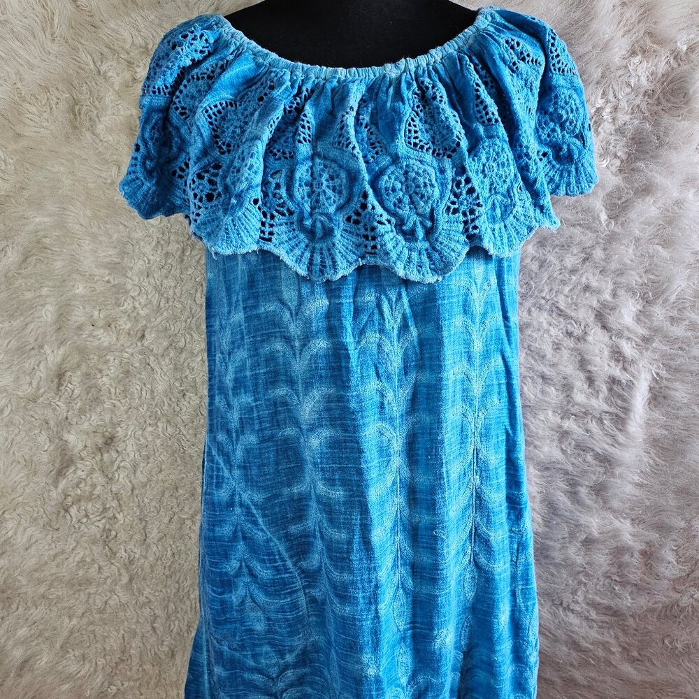 Soft Surroundings Women's Turquoise Blue 100% Cotton Ruffle Crochet Mini Dress S